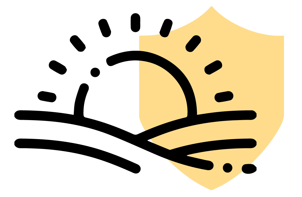 Sunrise morning icon with a yellow shield